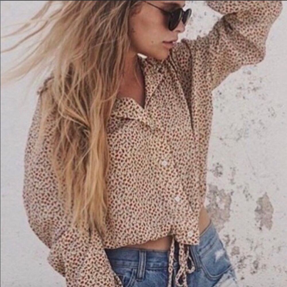 BRANDY MELVILLE Women's Lenny Blouse Floral Long Sleeve Tie Waist